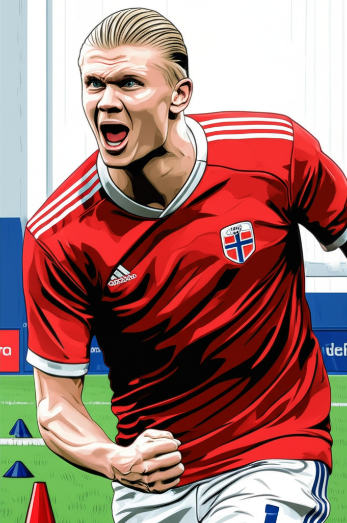 Pixel art illustration of Erling Haaland in Norway colors