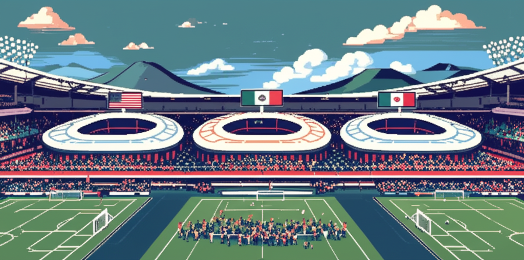 Pixel art illustration for Three Host Nations. One Tournament. Total Chaos Awaits.